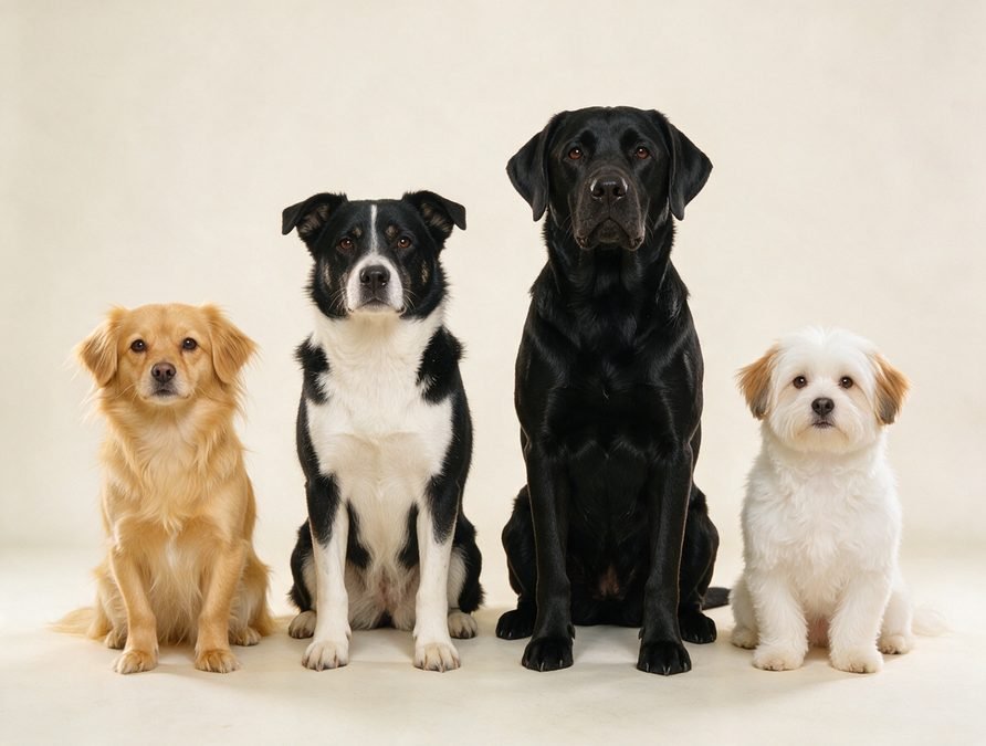 Four dog breeds of different sizes sitting in a row