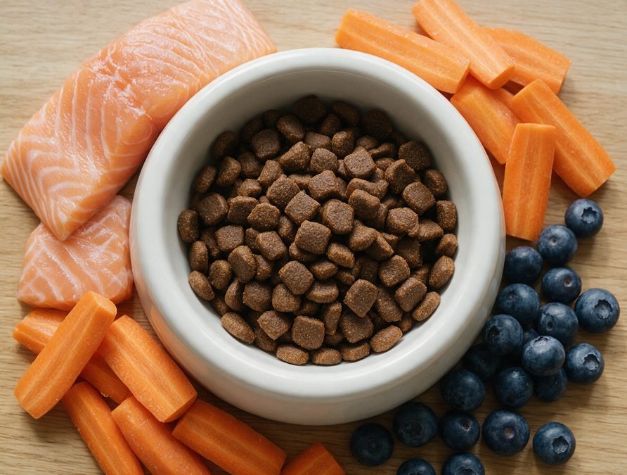 Dog bowl of kibble surrounded by salmon, carrots and blueberries