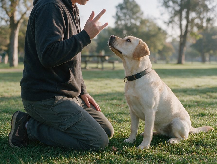 Owner giving a hand signal to an attentive labrador in a park