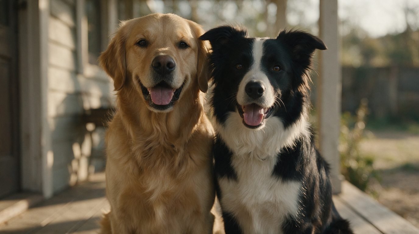 Golden retriever and border collie sitting together on a sunlit porch