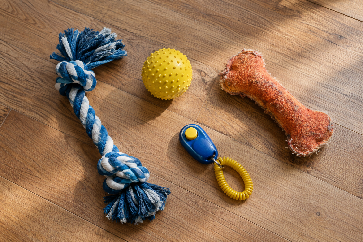 Owner choosing a blue dog toy at a pet store