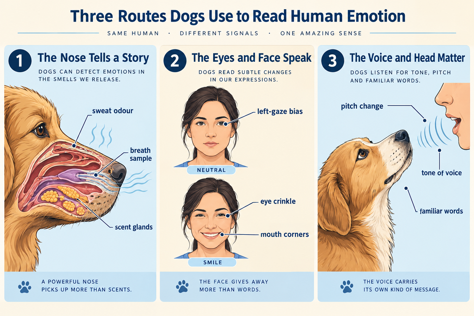 How can dogs sense human emotions? Smell, faces and voices