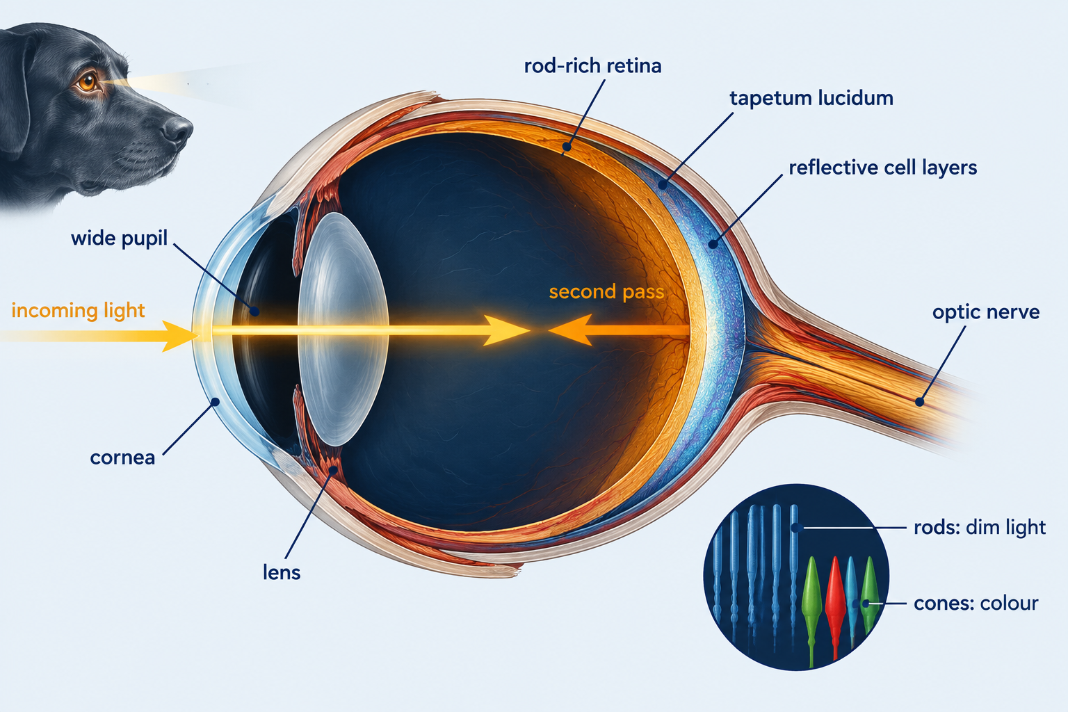 How do dogs see in the dark? Rods, the tapetum lucidum, and pupil size