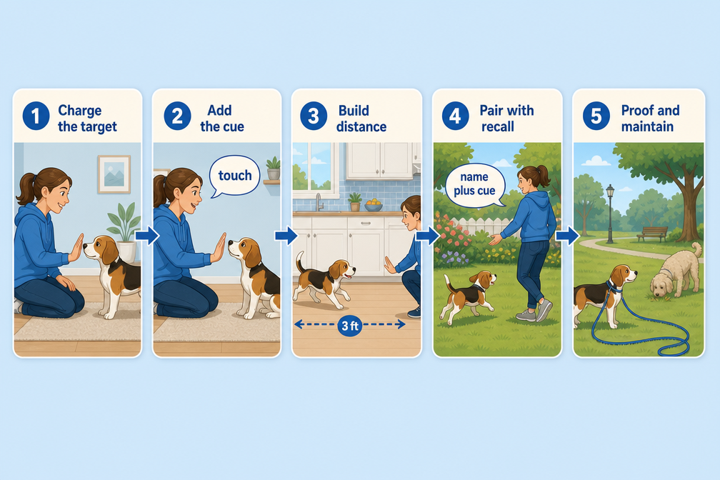 How to teach a dog recall with a hand target in 5 steps