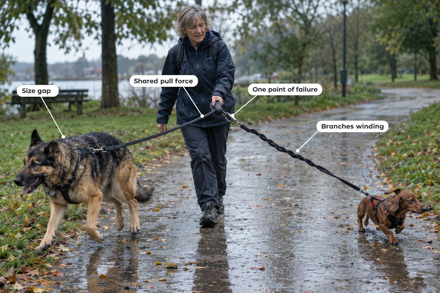 What are the downsides of a double dog leash? (size mismatch, pullers, reactive dogs)